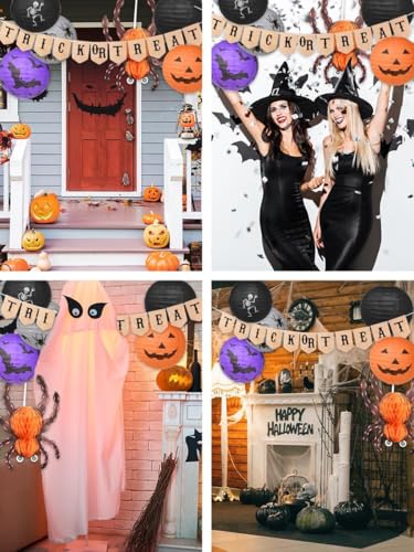 Halloween Paper Lanterns Set - Spider Bat Skeleton Pumpkin Decorations, 15 Pieces, 12 Inches, Colors
