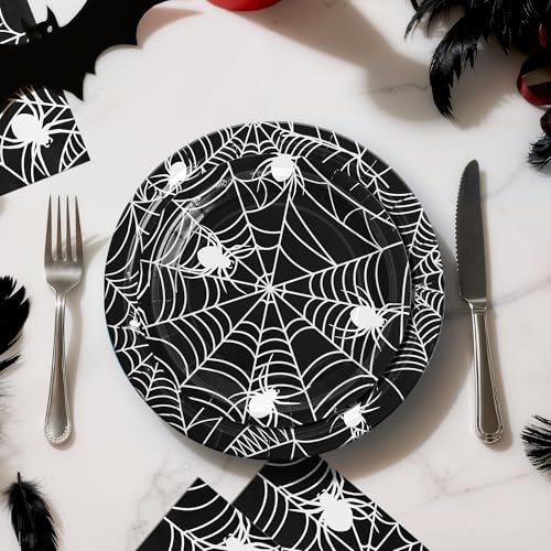 Black Spider Web Party Plates & Napkins Set for 25 Guests - 75 Pieces