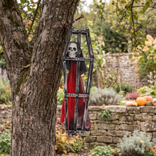 Pirate Skeleton Hanging Decor Set - 2 Pieces Halloween Coffin Cage Skeleton with Red Dress