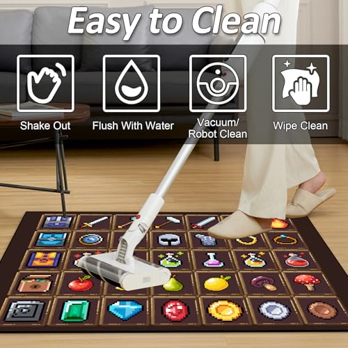 Children's Pixel Game Rug - Non-Slip Brown 3'11 x 5'3 Playroom Decor