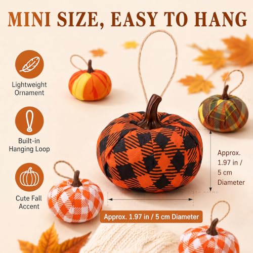 Fall Fabric Pumpkin Ornaments - Set of 12 Thanksgiving Hanging Decorations