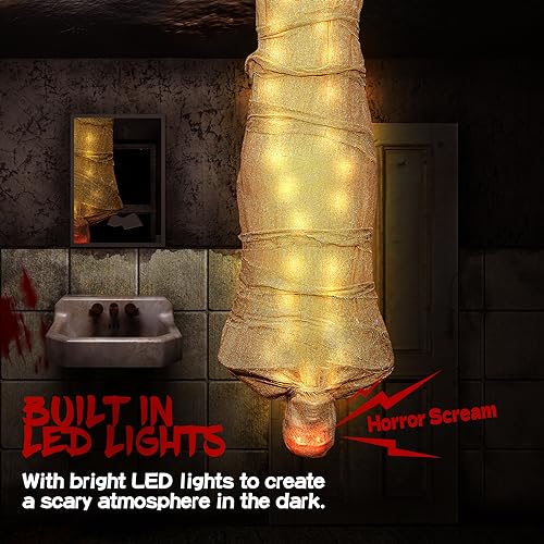 68-Inch Hanging Halloween Corpse Prop with Sound-Activated Lights and Animated Scare Effect