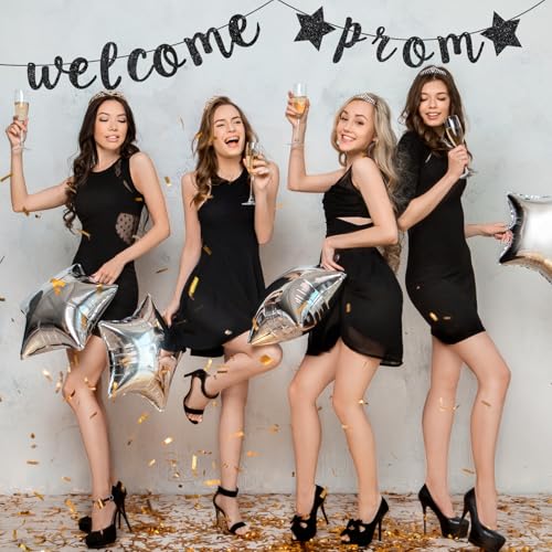 Black Glitter Prom Banner Decoration - Graduation Welcome Sign Party Decor