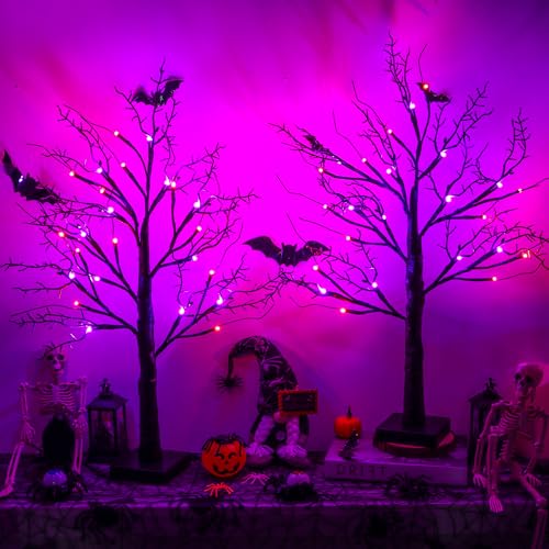 Halloween Black Tree with Orange & Purple Lights - 24 Inch Indoor Decor, Timer & USB Operated, Spooky Tabletop Decoration, 2 Pack