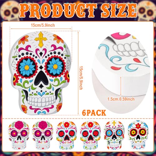 6 Pcs Day of The Dead Sugar Skull Table Decorations - Wooden, Modern, Vibrant