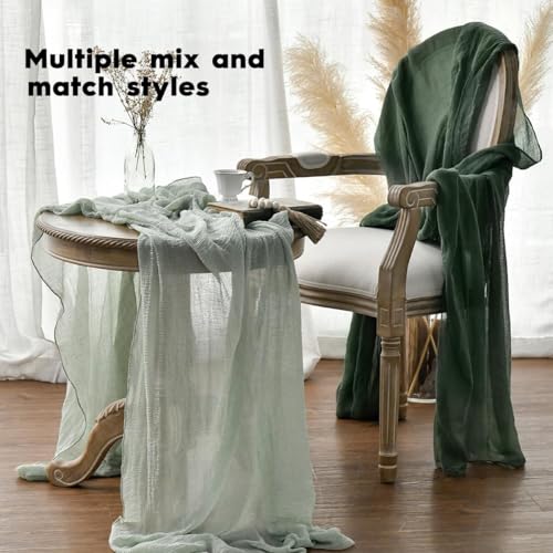 120 Inch 3-Piece Forest Green Gauze Wedding Table Runner - Boho Home Decor