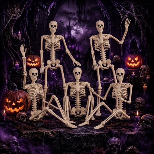 White Halloween Skeleton Decorations - 36 Inch Human Bones with Movable Joints - Haunted House, Lawn, Graveyard Props