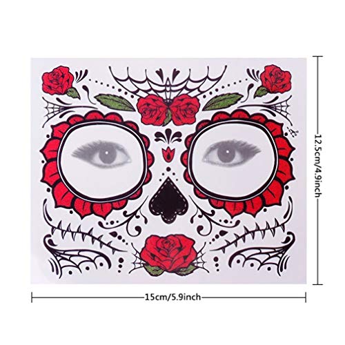 Day of the Dead Sugar Skull Face Temporary Tattoos - Halloween Makeup Stickers, 4 Sheets