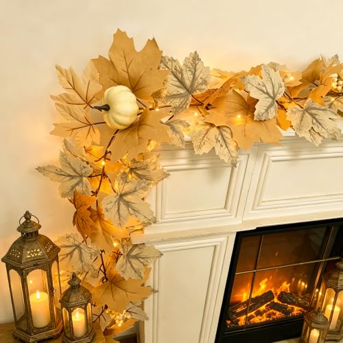 2 Pack Fall Garland with Lights - Maple Leaf Pumpkin Berries Autumn Decor 6Ft