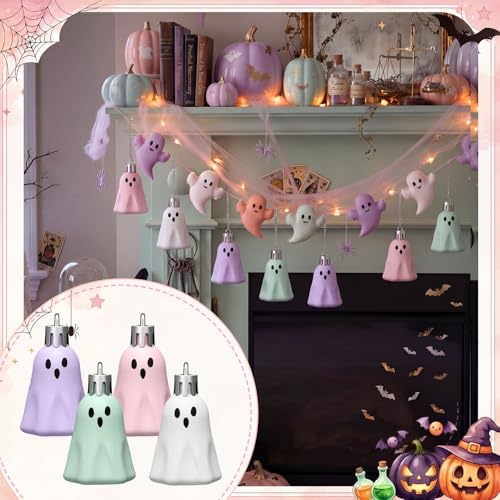 Pastel Halloween Ghost Hanging Ornaments - 36 Plastic Decorations, Ghost Variation