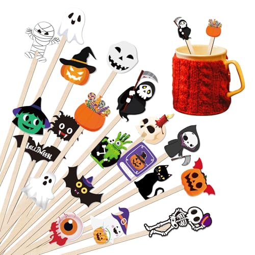 Halloween Wooden Coffee Stirrers - 100 Pcs, 7 Inch Disposable Stir Sticks with Vibrant Patterns