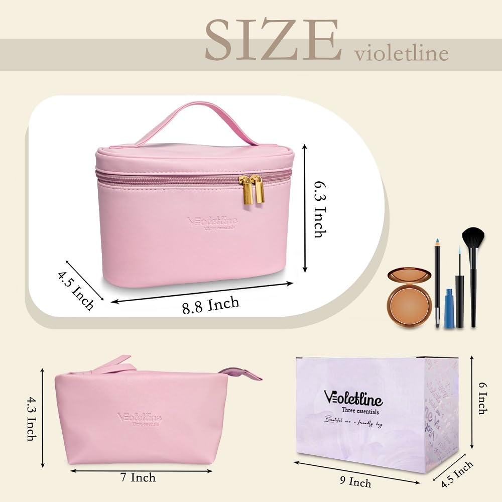 Violetline Travel Cosmetic Bag for Women, PU Leather Cosmetic Bag Set of 2, Waterproof, Large Makeup Bag with Handle (Light pink makeup bag)