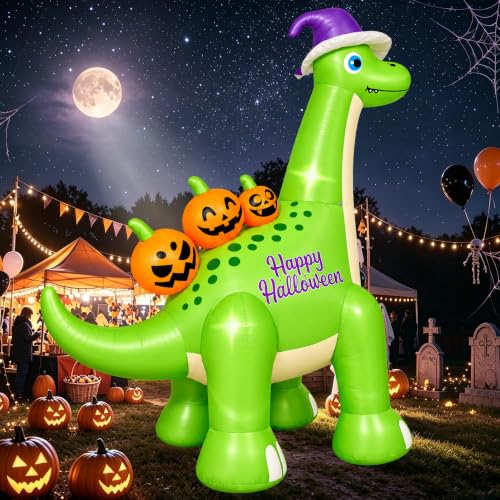 12FT Giant Halloween Inflatable Dinosaur with Pumpkins & Lights