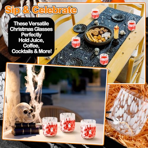 Ghost Halloween Glass Cups Set - 4 Pcs 14 oz Stemless Drinkware with Icon Design