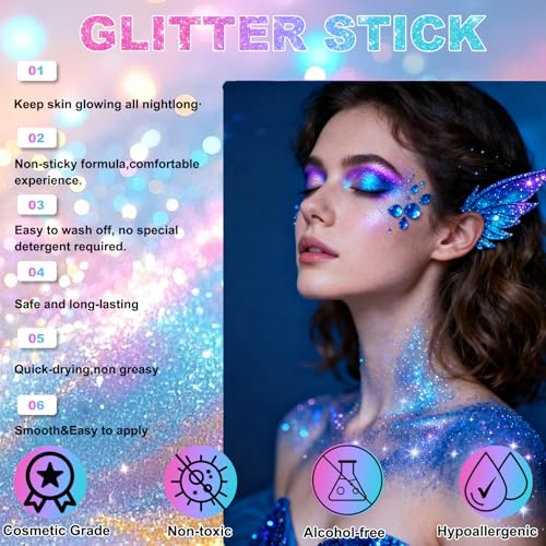 Body and Face Glitter Stick - Blue, Easy-Apply, Skin-Friendly for Makeup & Rave Looks