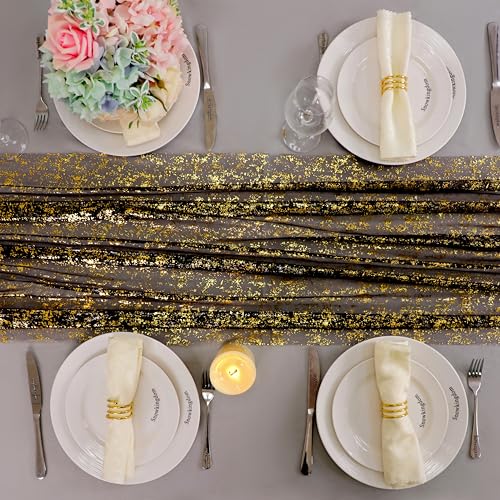 Black and Gold Cheesecloth Table Runner 10 FT Glitter Sheer Gauze for Party Weddings