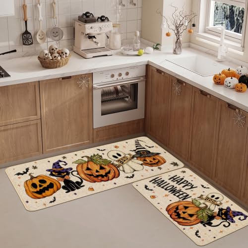 Halloween Ghost Kitchen Rugs Set of 2 - 17x29 & 17x47 Inches, Black Cat Variation