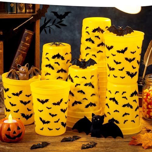 16 oz Bat Party Cups Set - Black and Yellow Plastic Drinking Cups for Birthday & Themed Parties