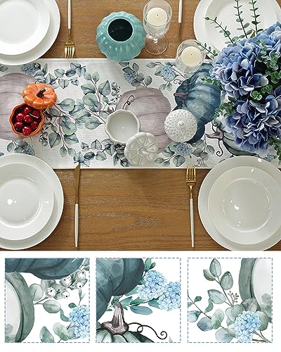 Blue Fall Table Runner 72 Inch for Thanksgiving & Holiday Decor
