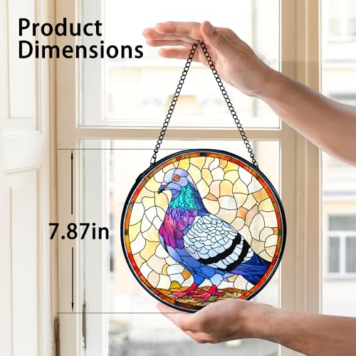 Stained Glass Bird Sun Catcher - Pigeon Window Decor with Metal Frame, 7.9 Inches