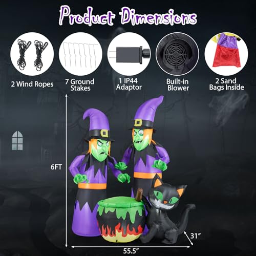 6 Ft Inflatable Halloween Witches & Black Cat Scene with LED Lights, Ground Stakes - Indoor & Outdoor Yard Decor
