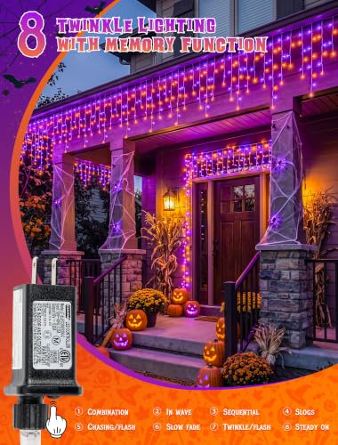Halloween Icicle Lights Outdoor - 300 LED Purple & Orange, 32ft, 8 Modes, Connectable