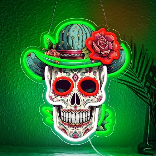 Green Dia De Los Muertos Sugar Skull Neon Sign - Vibrant Day of the Dead Decor