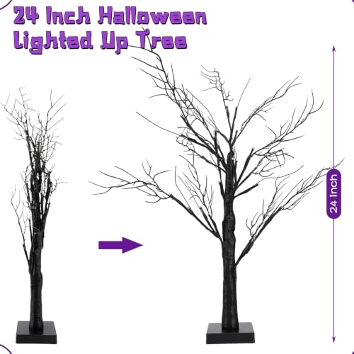 Black Lighted Halloween Tree Set - 24 Inch Indoor Spooky Decor with 2 Pack