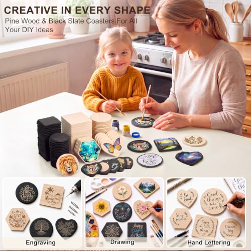 Unfinished Slate and Wood Coaster Set for DIY Crafts - 120 Pcs