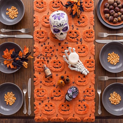 Halloween Pumpkin Table Runner 13x72 Plush Faux Fur Jacquard Decor
