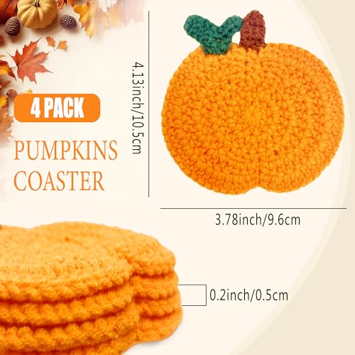 4 Pack Fall Pumpkin Crochet Coasters - Handmade Autumn Drink Mats for Table Decor