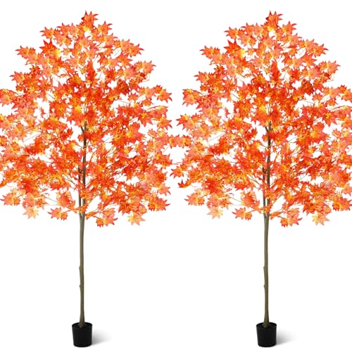 Artificial Maple Fall Tree Set - 6.6ft Orange & Yellow Faux Trees, 2 Pack - Indoor Outdoor Decor