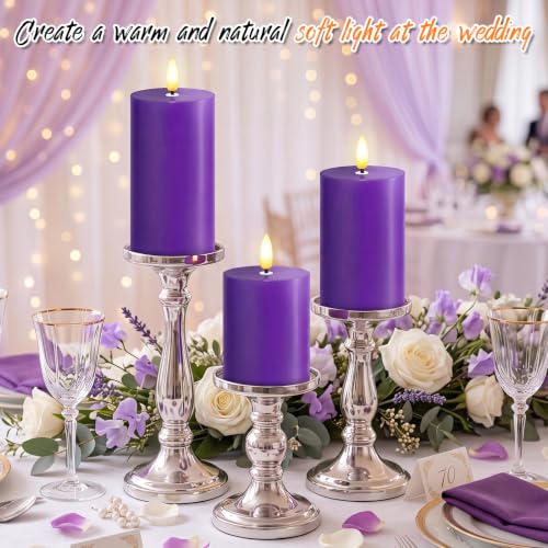 Set of 3 Purple Flameless Real Wax LED Pillar Candles with Remote Control