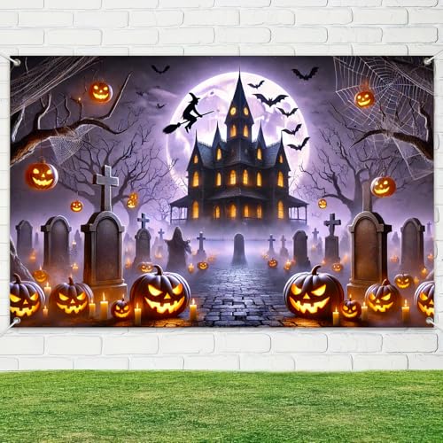 Halloween Backdrop Witch Graveyard Banner - 71 x 43 Inches for Party & Photo Booths