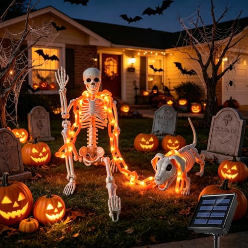 Outdoor Halloween Skeleton & Dog Skeleton with Glowing Chain - Weatherproof Decor