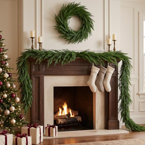 Green 9FT Norfolk Pine Christmas Garland for Mantle - Faux Holiday Decor