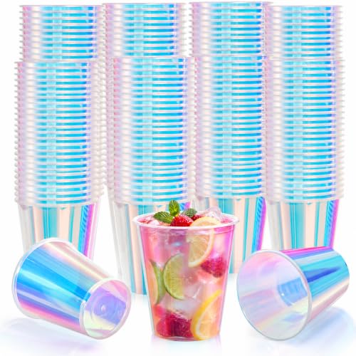 12 oz Iridescent Plastic Cups - Pack of 50 Disposable Glitter Party Cups