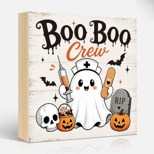 Funny Boo Boo Crew Halloween Ghost Wooden Sign - Rustic Home Decor - Orange-White 2