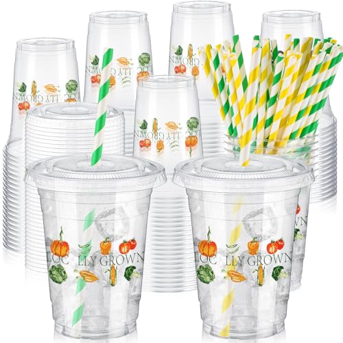 Locally Grown 12 oz Party Cups with Lids & Straws - Green Variation