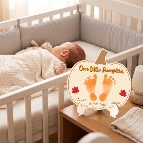 First Fall Baby Footprint Handprint Sign - Keepsake Fall Keepsake - Pumpkin-Shaped Wooden Art - Variation: First Fall