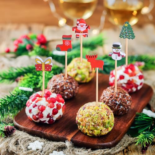 Christmas Toothpicks Pack - 100 Natural Bamboo Cocktail Picks with Holiday Designs