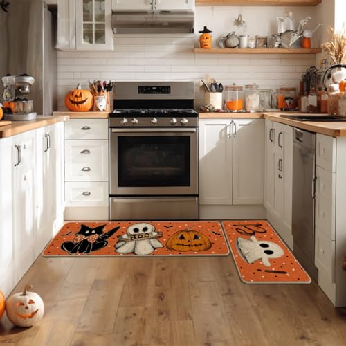 Halloween Kitchen Mats Set of 2 - Ghost Boo Orange Non-Slip 17x29 & 17x47 Inches
