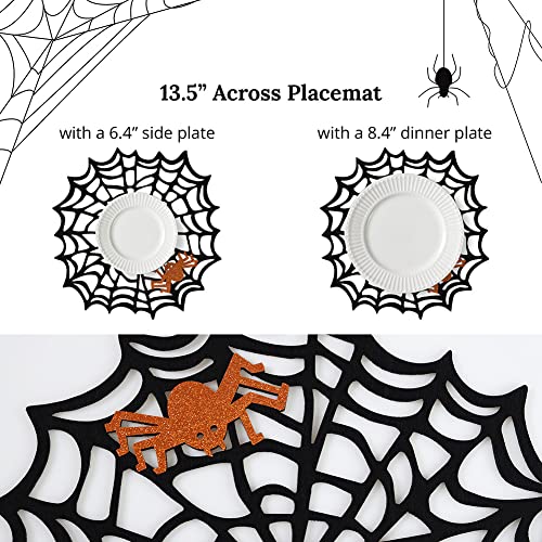 Halloween Spider Web Placemats Set of 4 - Black & Orange Glitter Felt Spiders