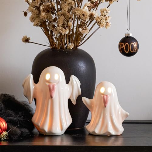 Halloween Ghost Figurines Set - Light Up Ceramic Ghost Decor, Pink & White Variation