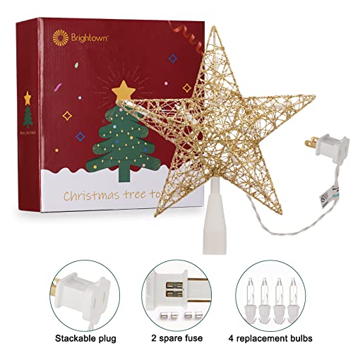 Gold Star Christmas Tree Topper with 10 LED Bulbs - 9 Inch Twined Metal Holiday Decoration - Plug-in