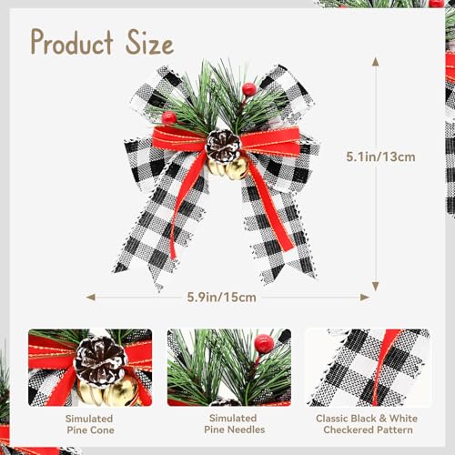 Black White Checkered Christmas Wreath Bow Set - 6Pcs Buffalo Plaid Tree Topper Decorations
