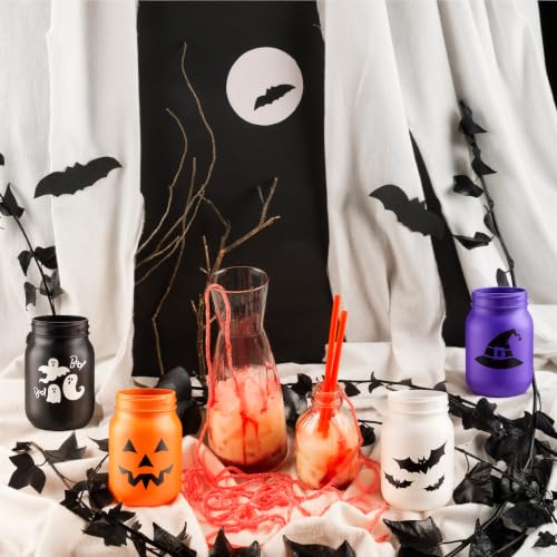 Halloween Mason Jar Centerpieces Set of 4 with Fake Leaves - Spooky Table Decor