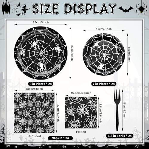 Halloween Spider Web Disposable Tableware Set for 24 Guests - Black & White Party Supplies