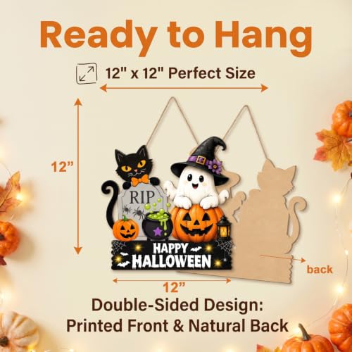Halloween Welcome Wreath - Wooden Black Cat Ghost Pumpkin Door Decor - 12x12 Inches - Variation: Halloween