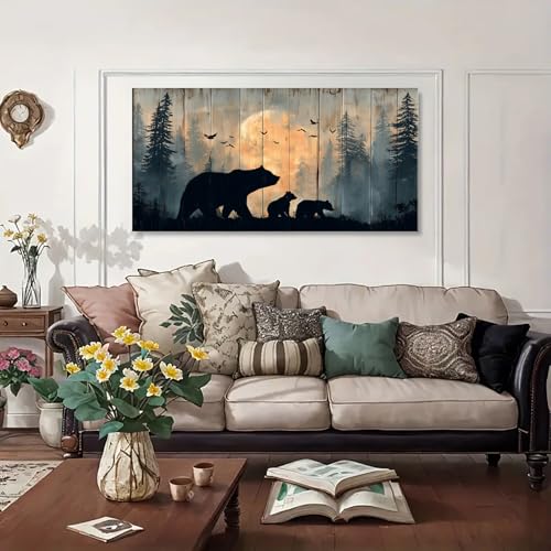 48 Inch Rustic Bear Wall Art - Farmhouse Forest Canvas Painting, Black Beers Variation